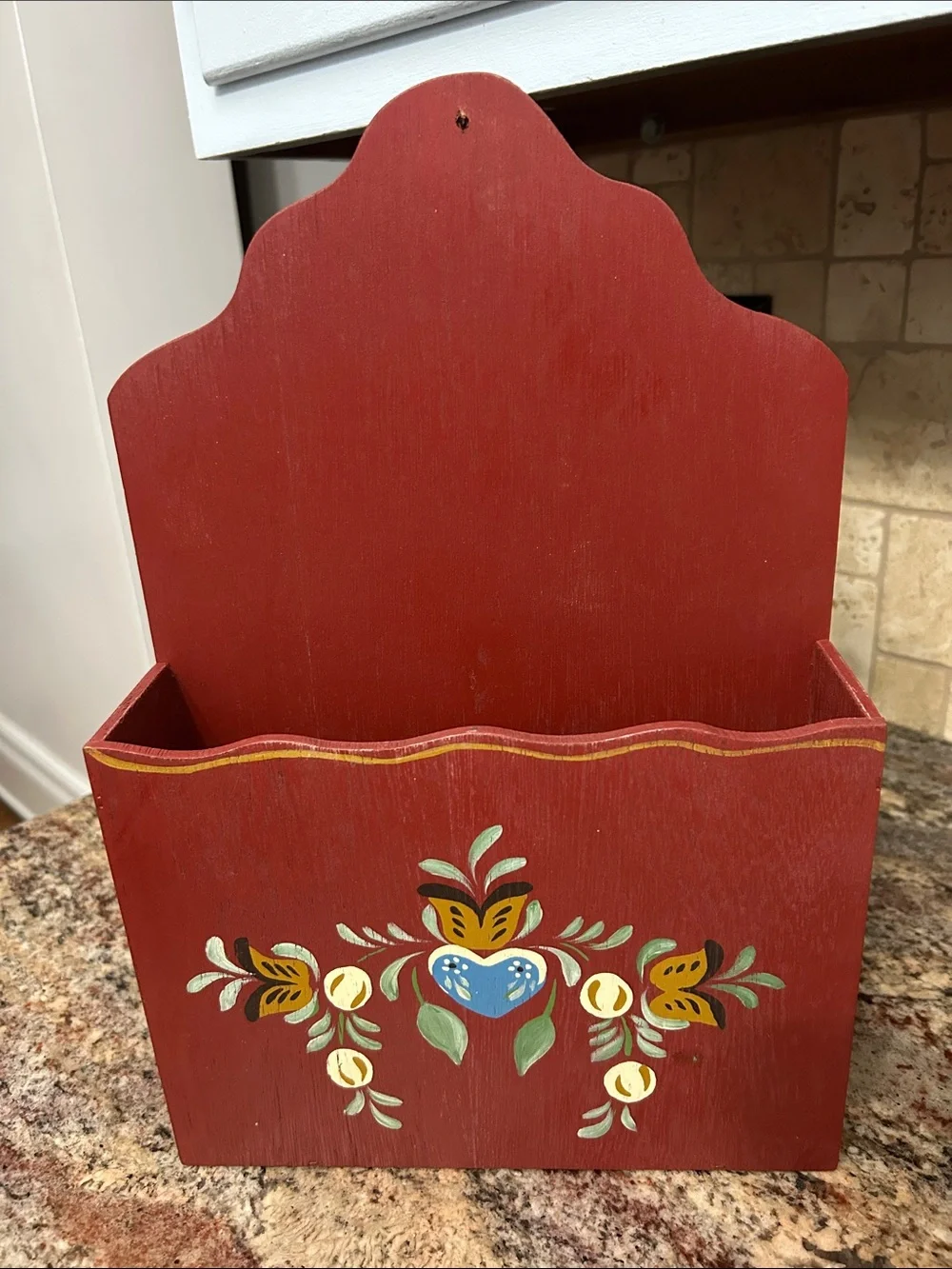 Red Decorative Wall Pocket with Hand-Painted Folk Art